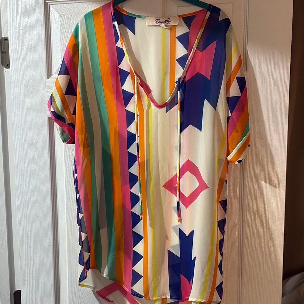 Emmelee for F.C. Orange and Green Asymmetrical Graphic Blouse